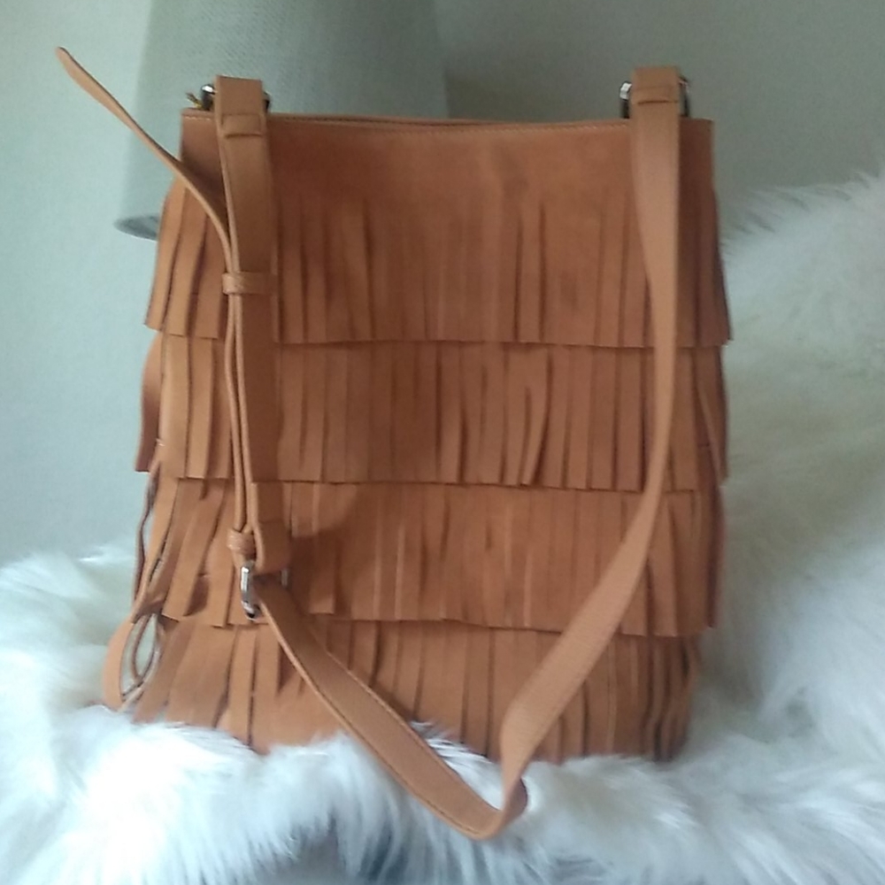 Francesca's Tan Suede Boho Bohemian Fringe Tote